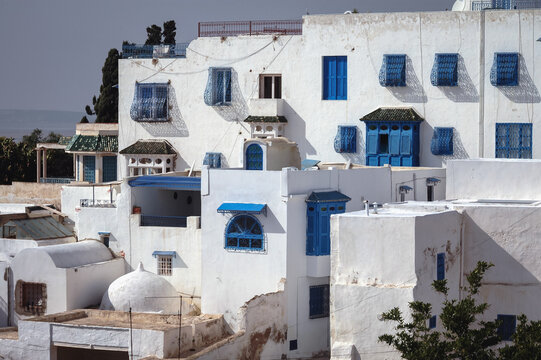 White and blue houses in Sidi Bou Said town near Tunis city, Tunisia