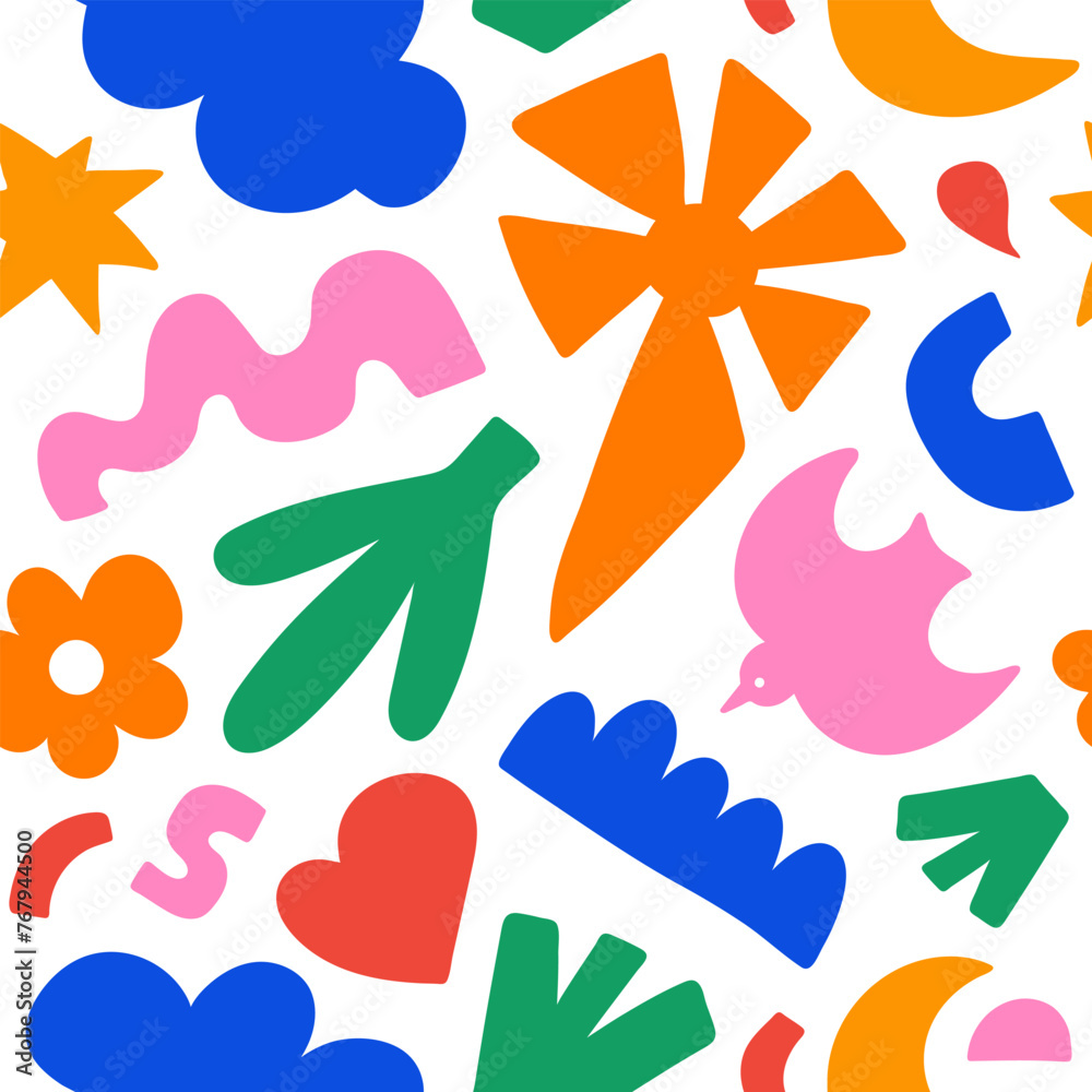 Poster abstract floral seamless pattern with colorful organic shapes. trendy random figures isolated on a w