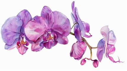 Watercolor orchid clipart featuring exotic blooms in purple and pink hues ,clean sharp focus