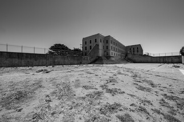 Recreation yard in abandoned Alcatraz Prison. San Francisco