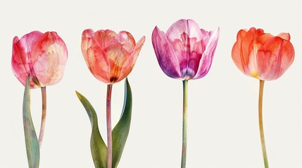 Watercolor tulip clipart in different shades of pink, red, and orange , 3D render