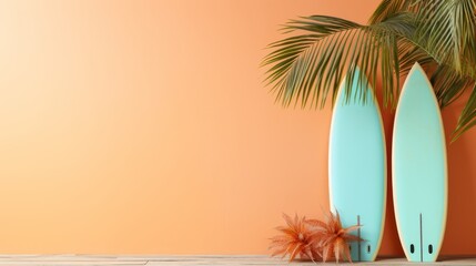 Fototapeta na wymiar Summer concept background with palm trees and surfboard