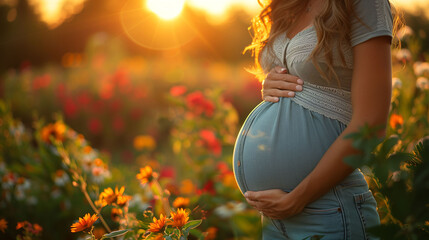 Pregnant woman holding belly in a flower field at sunset. - obrazy, fototapety, plakaty