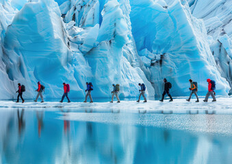 group of people walking on the ice and snow in front of blue glacier, patagonia landscape with mountains background - obrazy, fototapety, plakaty