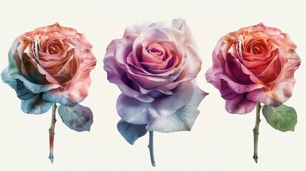 Watercolor rose clipart in various colors and angles , 3D render