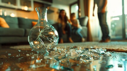 The Broken Vase Depict a shattered vase on the floor, with family members in the background Their shocked and upset faces reflect the accidents immediate aftermath  - obrazy, fototapety, plakaty