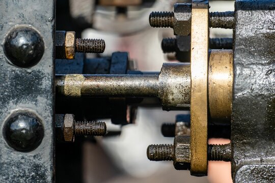 Close-up of a steampunk piston of a steam engine, with intricate and unique detailing