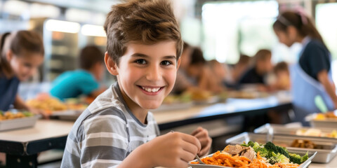 smiling european schoolboy eating his school lunch in the canteen, school meals day, banner