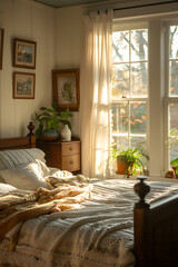 A cozy bedroom with a wooden bed and a window allowing the sun to shine through. The interior design creates a sense of comfort, with a houseplant as a decorative fixture