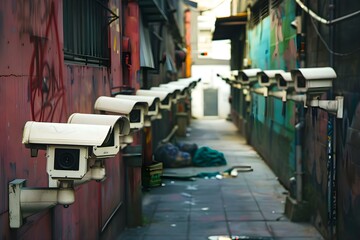 Row of security cameras in an urban alley highlighting themes of privacy and urban security. Concept Privacy Concerns, Urban Surveillance, Security Cameras, Alleyway, Urban Security