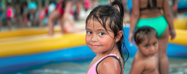 Fototapeta na wymiar Portrait of a fictional smiling cute little girl at a pool - in banner size with copy space. Concept of time of comfort and connection in the summer season, candid shots and daily moments of life.