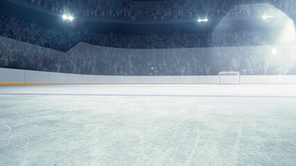 3D render of hockey arena with blurred fan zone, flashlights. Empty ice rink before competition....