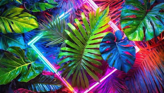 an eye-catching composition showcasing a fluorescent color layout comprised of lush tropical leaves accented by neon light squares. Construct a visually striking flat lay arrangement that celebrates t