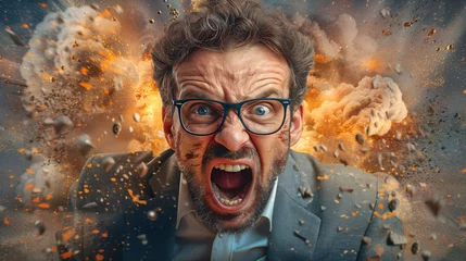 Fotobehang Shocked businessman with glasses screaming with a fiery explosion and debris in the background. © amixstudio