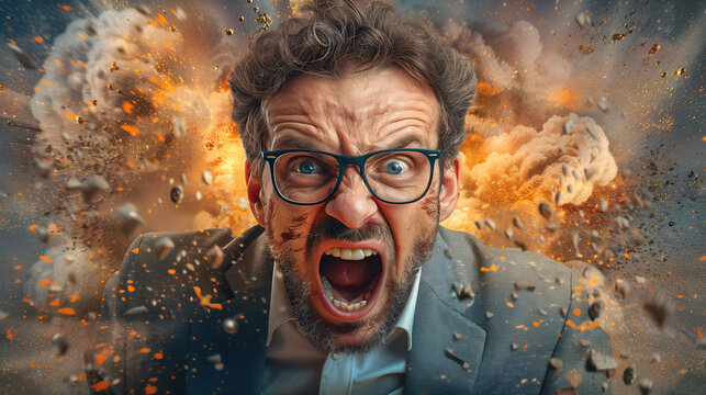 Shocked businessman with glasses screaming with a fiery explosion and debris in the background.