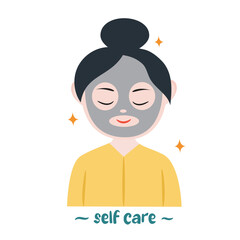 Vector illustration of a woman wearing a beauty mask with the text Self Care
