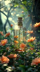 A bottle of perfume in a tropical forest illustration made with Generative AI