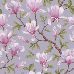 Hand painted acrylic illustrations of magnolia flowers. Seamless pattern design. Perfect for fabrics, wallpapers, clothes, home textile, packaging design and other prints - 767946586