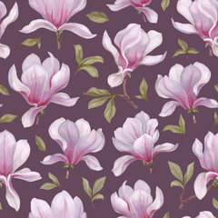 Hand painted acrylic illustrations of magnolia flowers. Seamless pattern design. Perfect for fabrics, wallpapers, clothes, home textile, packaging design and other prints - 767946709