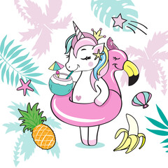A beautiful unicorn with a swimming ring of flamingos and palm leaves - 767946742