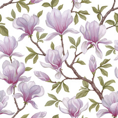 Hand painted acrylic illustrations of magnolia flowers. Seamless pattern design. Perfect for fabrics, wallpapers, clothes, home textile, packaging design and other prints - 767946799