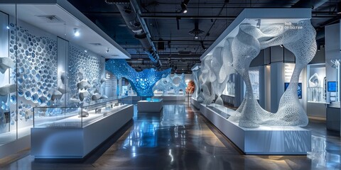 A museum with a lot of white art and blue art - obrazy, fototapety, plakaty