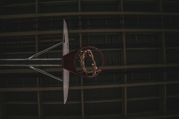 Low-angle view of a basketball wooden hoop