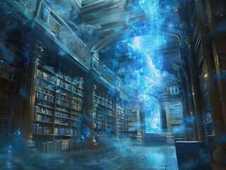 A blue room with a large library and a blue sky - obrazy, fototapety, plakaty