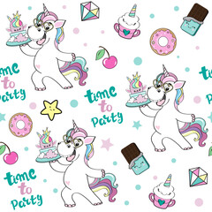 Beautiful funny unicorn holds a kawaii style cake and the inscription is time to party on a white background seamless pattern - 767946963