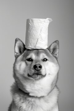 Dog with a toilet paper on its head, black and white photography made with Generative AI