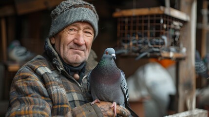 Senior man, pigeon breeder holds purebred pigeon in his hands © Nataliya
