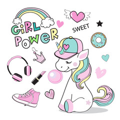 Beautiful girl unicorn and inscription girl power on a white background