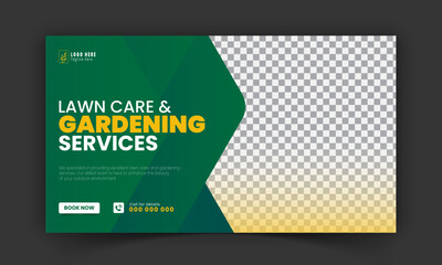 Corporate lawn care and gardening or landscaping service live stream YouTube video thumbnail design, lawn mower, gardening, promotion, social media post template, abstract green, yellow color shapes