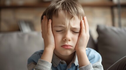 A young boy having a severe headache