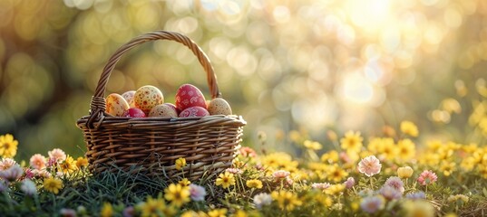 basket with easter eggs and flowers. Generative ai