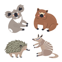 Set of vector illustrations of Australian animals in flat style: echidna, wombat, koala and anteater