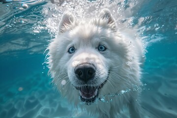 Adorable Samoyed Dog: Active Underwater Portrait. Generative ai - obrazy, fototapety, plakaty
