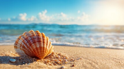 Fototapeta na wymiar Seashell on Sandy Beach with Ocean in Background. Generative ai