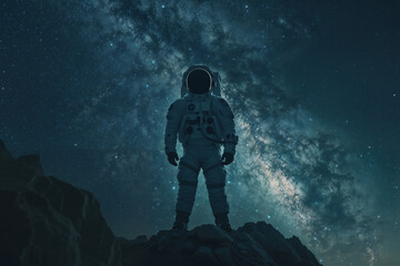 Astronaut on the unknown planet with starry sky on the background. Generative ai - obrazy, fototapety, plakaty