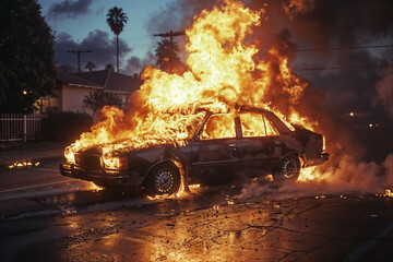 Dramatic Scene: Burning Car Engulfed in Flames on Street. Generative ai
