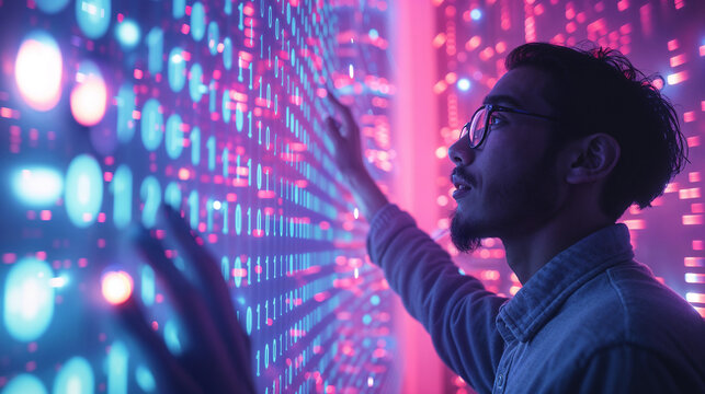 Man engaging with big screen with digital data code information. Generative ai