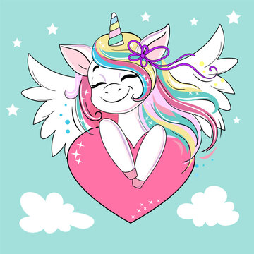 Beautiful unicorn with wings and heart. Birthday card. Vector cartoon illustration. Cute cartoon funny animals holding poster