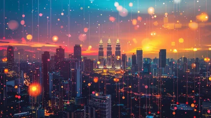 Papier Peint photo Kuala Lumpur A city skyline with a sunset in the background