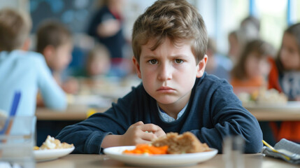 upset boy in the school cafeteria doesn't want to eat his lunch, International School Meals Day, poster