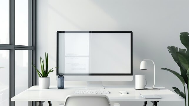 modern office interior, a picture of a workplace with a widescreen monitor minimalist. 