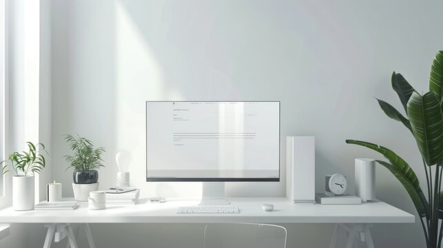modern office interior, a picture of a workplace with a widescreen monitor minimalist. 