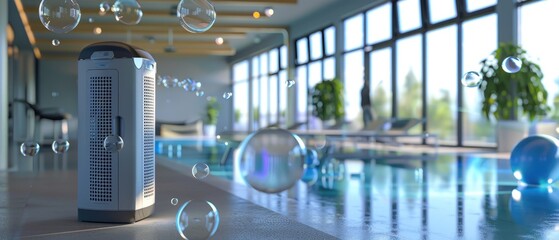 Air purifier at a fitness center, bubbles safeguarding health by purging the air of virus threats, 3D illustration - obrazy, fototapety, plakaty