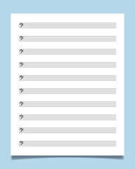 Blank sheet music manuscript paper with bass clef. Ideal for any musician, composer or songwriter.
 - obrazy, fototapety, plakaty