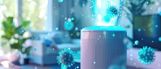 Air purifier at work, emitting a protective bubble that encapsulates and neutralizes viruses, 3D illustration - obrazy, fototapety, plakaty
