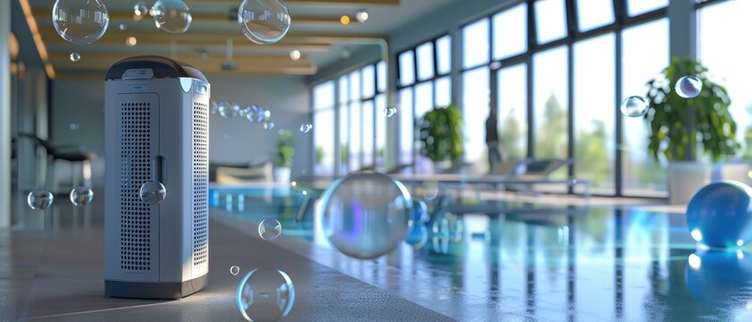 Air purifier at a fitness center, bubbles safeguarding health by purging the air of virus threats, 3D illustration